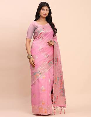 Pink linen woven work saree with blouse 3