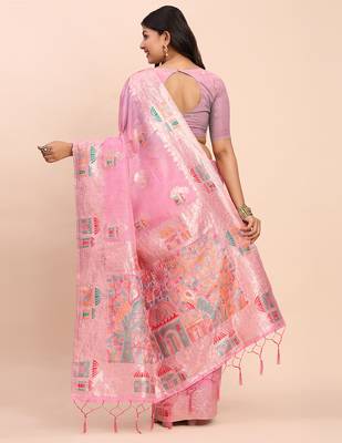 Pink linen woven work saree with blouse 4