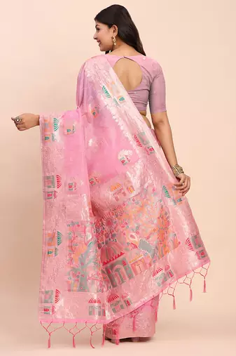 Pink linen woven work saree with blouse