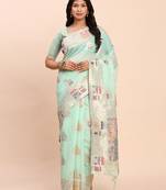 Sky blue linen woven work saree with blouse