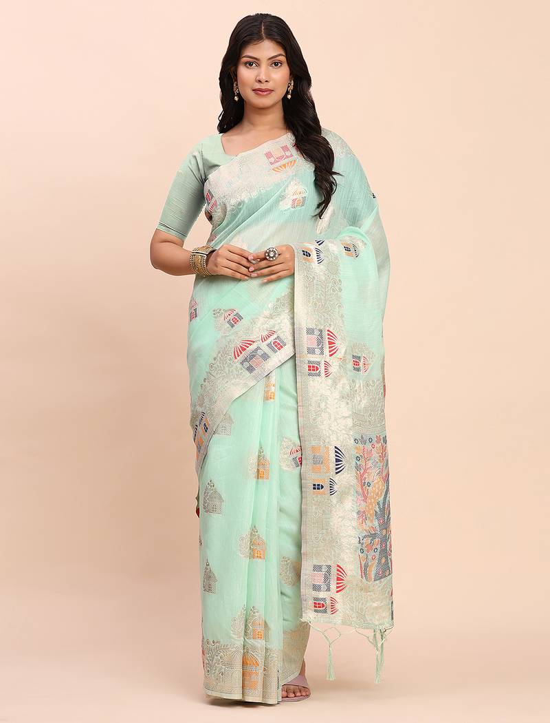 Sky blue linen woven work saree with blouse