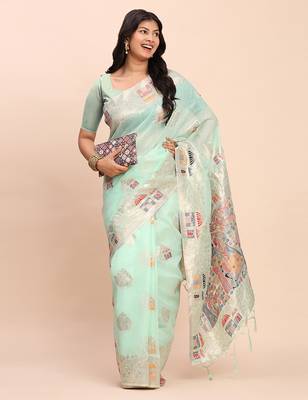 Sky blue linen woven work saree with blouse 2