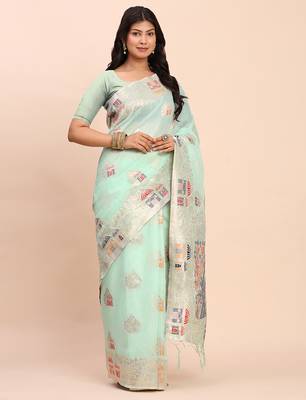 Sky blue linen woven work saree with blouse 3