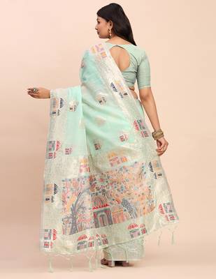 Sky blue linen woven work saree with blouse 4