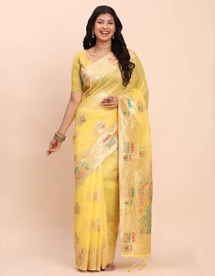 Yellow linen woven work saree with blouse 1