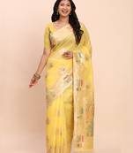 Yellow linen woven work saree with blouse