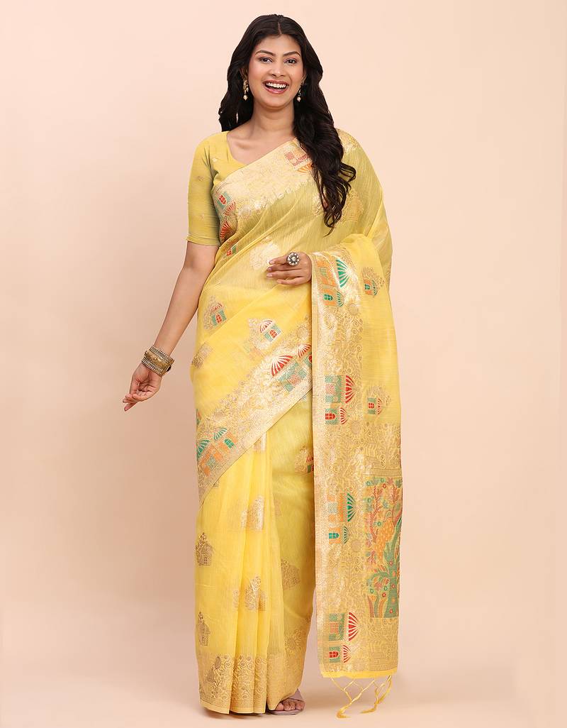 Yellow linen woven work saree with blouse