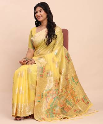 Yellow linen woven work saree with blouse 2
