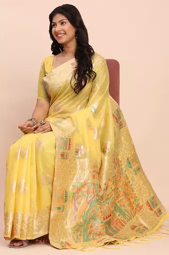 Yellow linen woven work saree with blouse