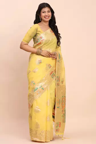 Yellow linen woven work saree with blouse