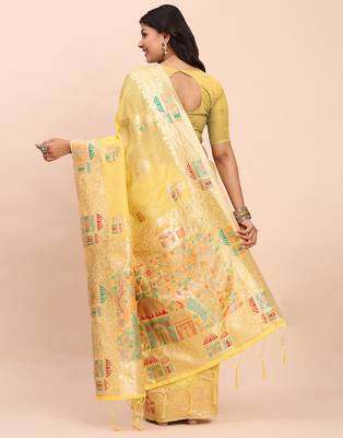 Yellow linen woven work saree with blouse 4