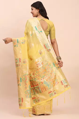 Yellow linen woven work saree with blouse