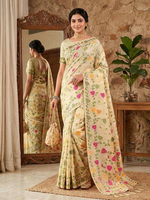 Cream linen woven work saree with blouse 1
