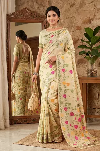 Cream linen woven work saree with blouse