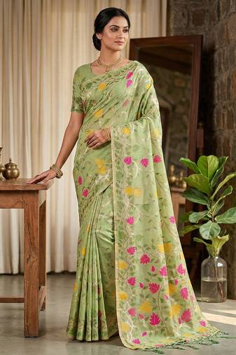 Green linen woven work saree with blouse