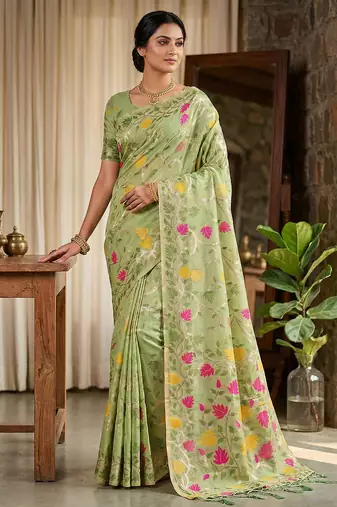 Green linen woven work saree with blouse