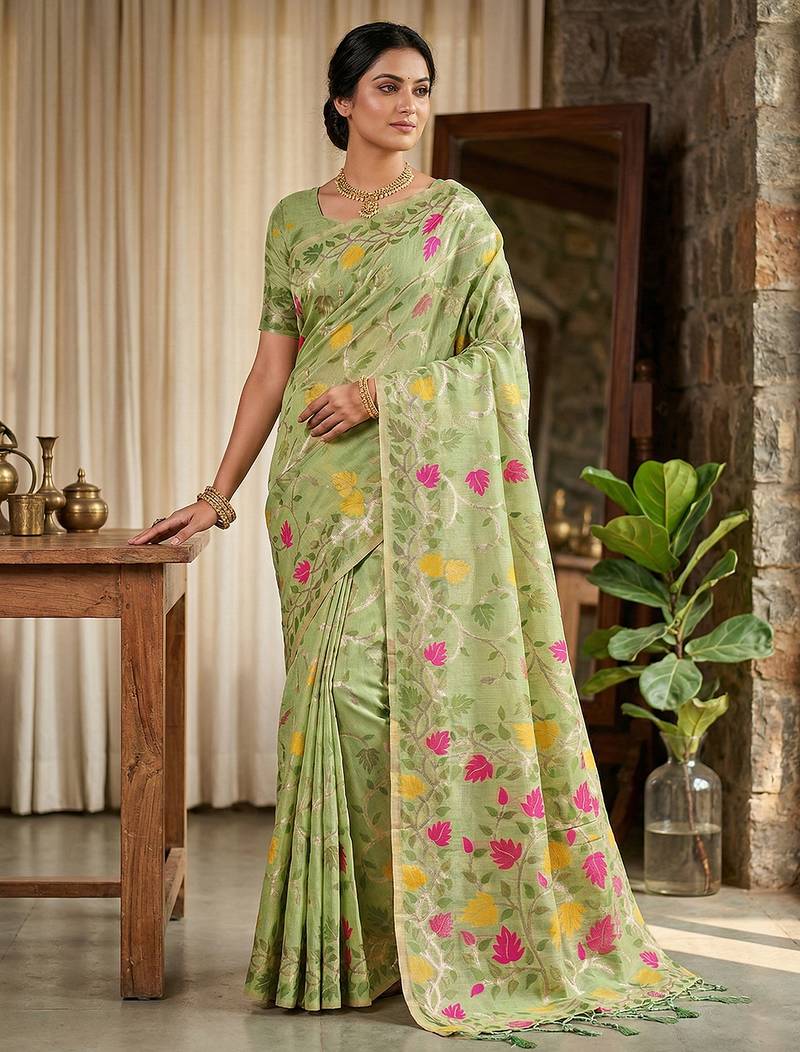 Green linen woven work saree with blouse