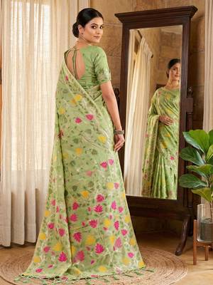 Green linen woven work saree with blouse 3