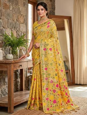 Yellow linen woven work saree with blouse 2