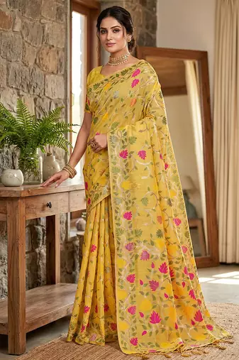 Yellow linen woven work saree with blouse