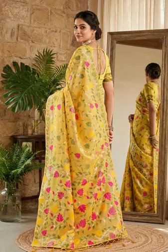 Yellow linen woven work saree with blouse