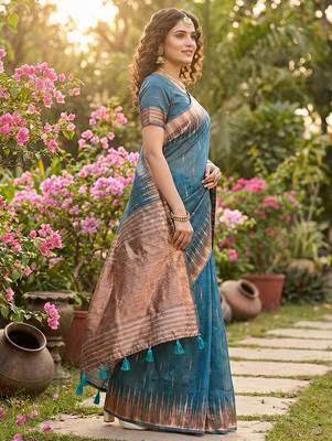 Blue linen woven work saree with blouse 2