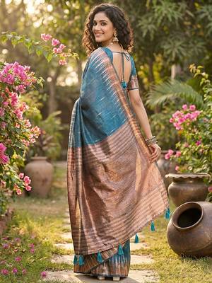 Blue linen woven work saree with blouse 3