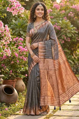 Grey linen woven work saree with blouse