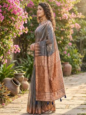 Grey linen woven work saree with blouse 2