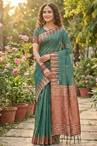 Mehendi linen woven work saree with blouse