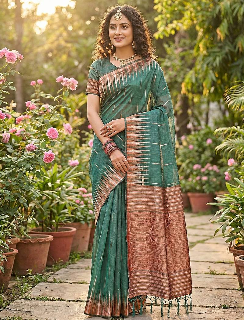 Mehendi linen woven work saree with blouse
