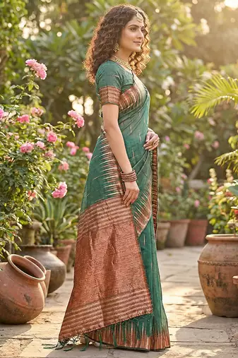 Mehendi linen woven work saree with blouse