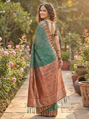 Mehendi linen woven work saree with blouse 3