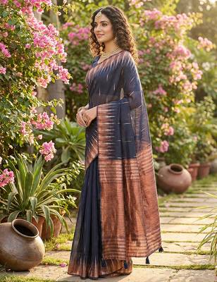 Navy linen woven work saree with blouse 2