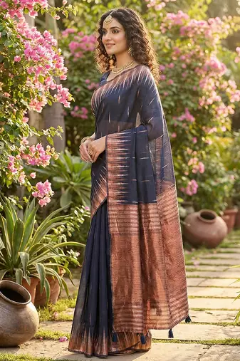 Navy linen woven work saree with blouse