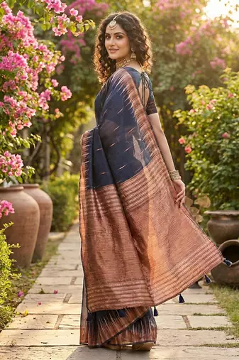 Navy linen woven work saree with blouse