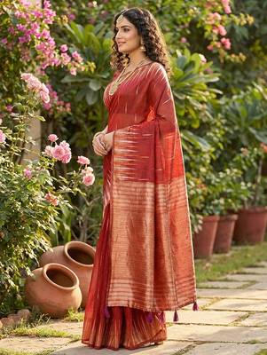 Red linen woven work saree with blouse 2