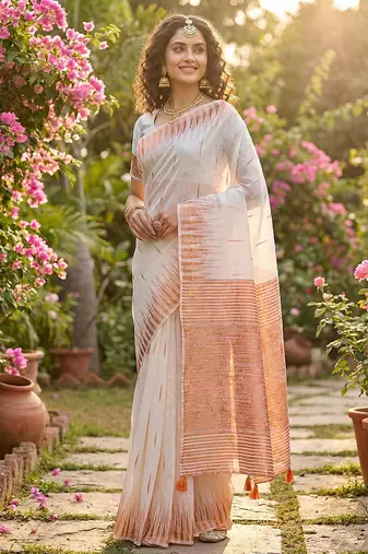 White linen woven work saree with blouse