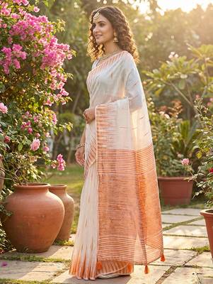White linen woven work saree with blouse 2