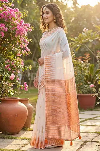 White linen woven work saree with blouse
