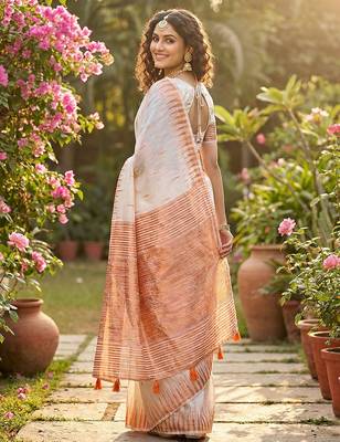 White linen woven work saree with blouse 3