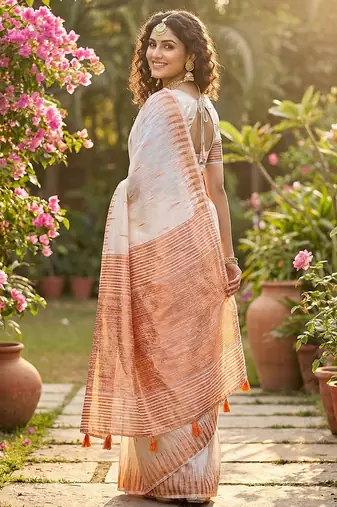 White linen woven work saree with blouse