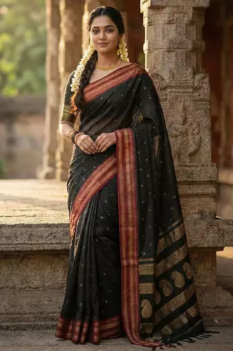 Black silk woven saree with blouse