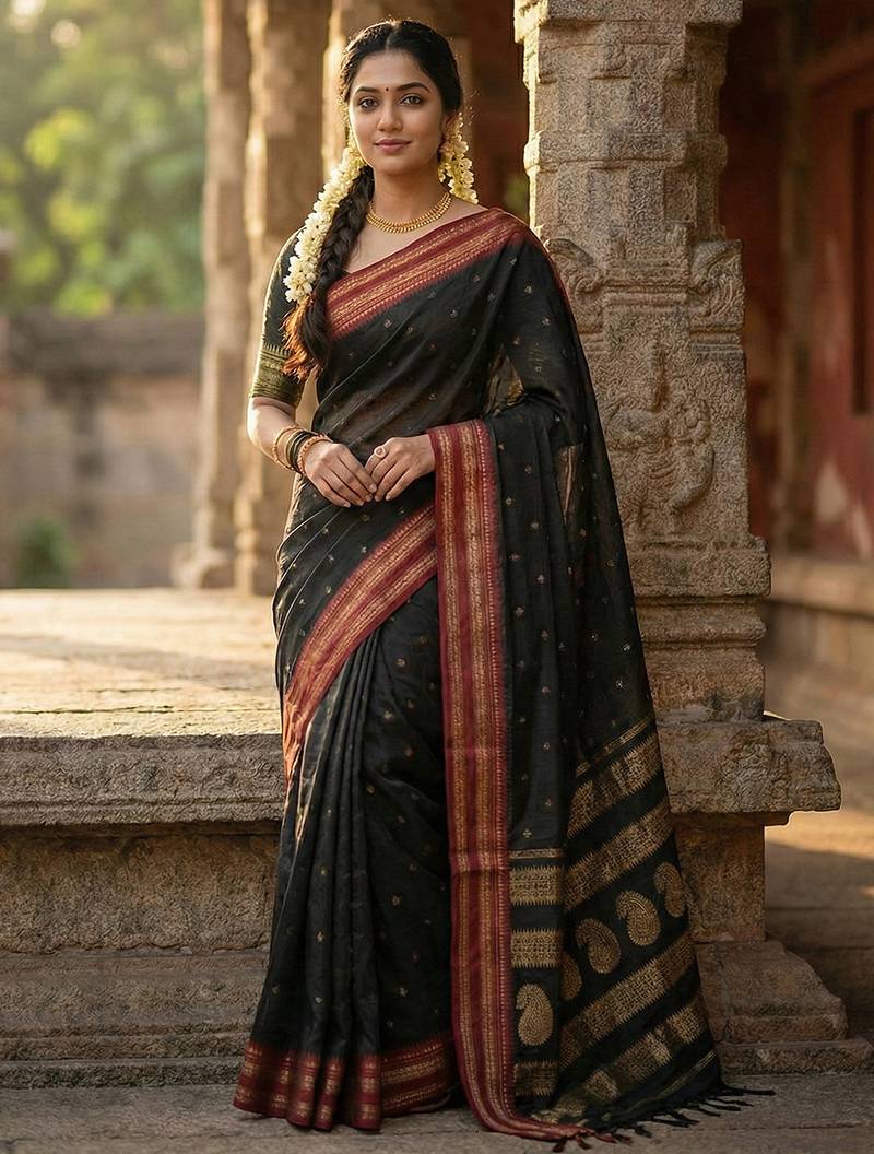 Black silk woven saree with blouse