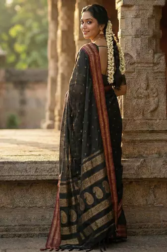 Black silk woven saree with blouse