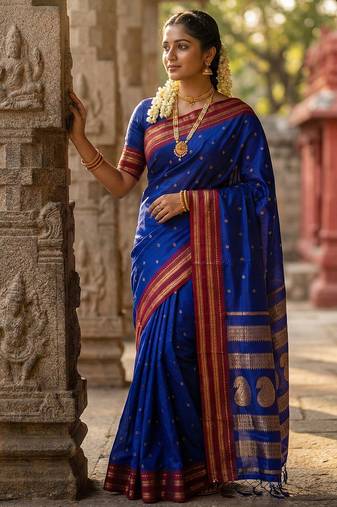 D blue silk woven saree with blouse
