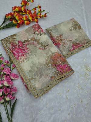 White Color Print And Handwork Sequins Work Tabby art silk saree 1