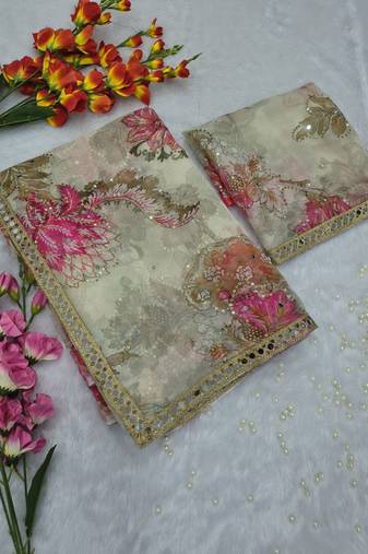 White Color Print And Handwork Sequins Work Tabby Silk Saree