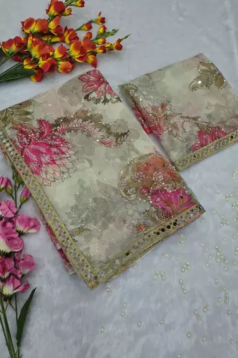 White Color Print And Handwork Sequins Work Tabby Silk Saree