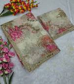 White Color Print And Handwork Sequins Work Tabby Silk Saree